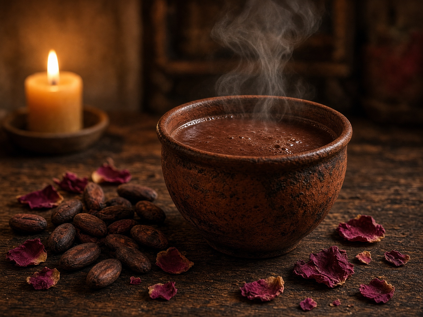 Ceremonial cacao in a clay cup with cacao beans