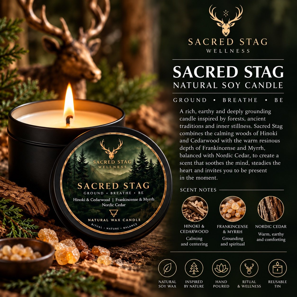 Sacred Stag natural soy candle in a black reusable tin with its woodland fragrance notes