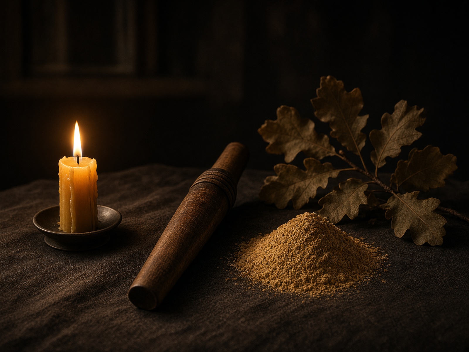 Ceremonial wooden pipe and plant medicine on linen beside a candle
