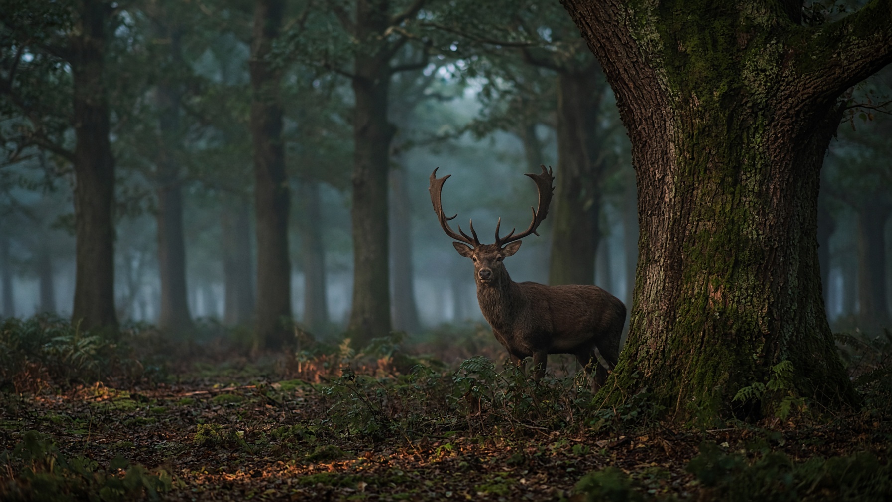 A stag standing among oak trees in misty Hampshire woodland at dusk