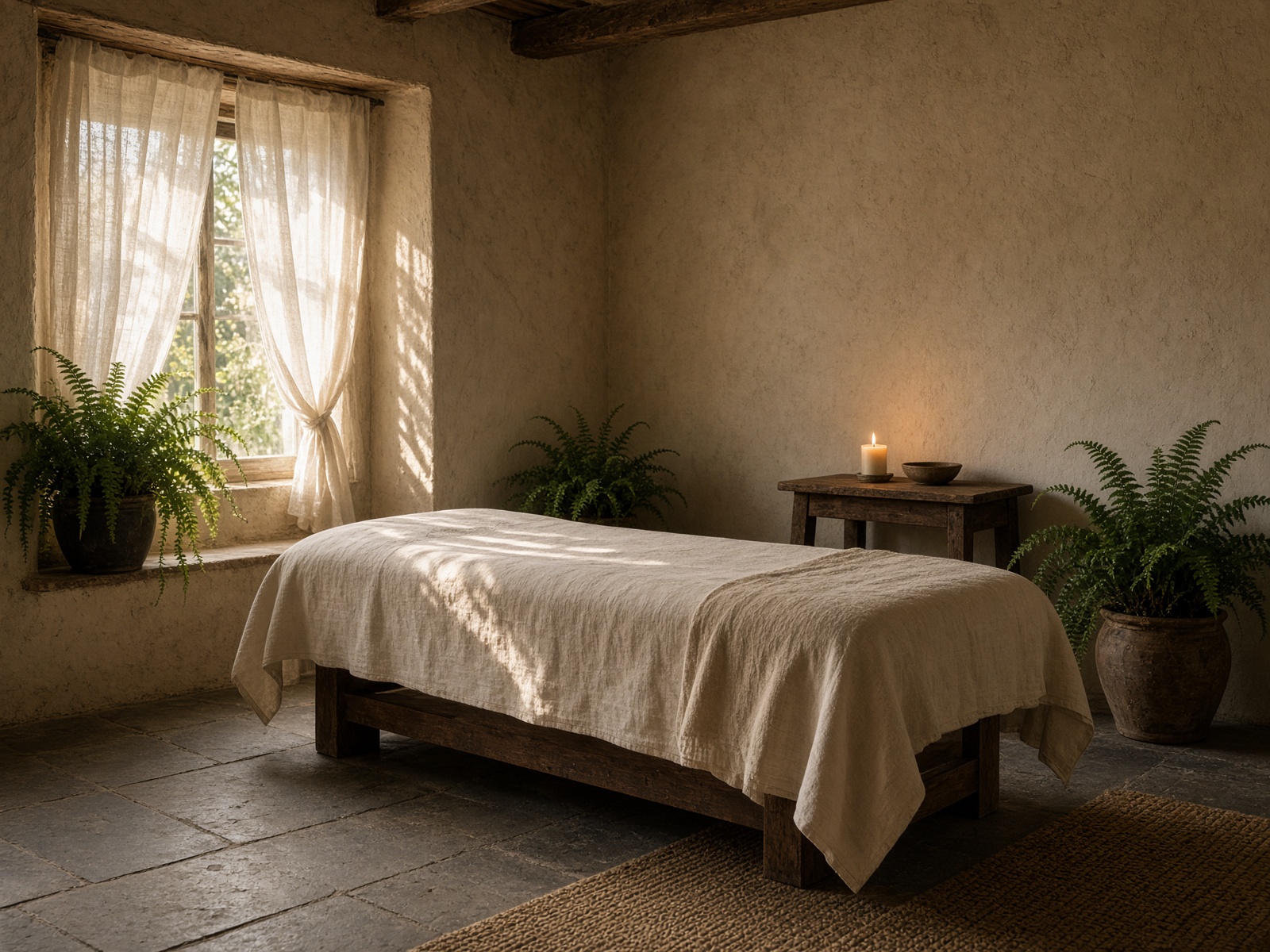 Quiet treatment room with linen, candlelight and plants