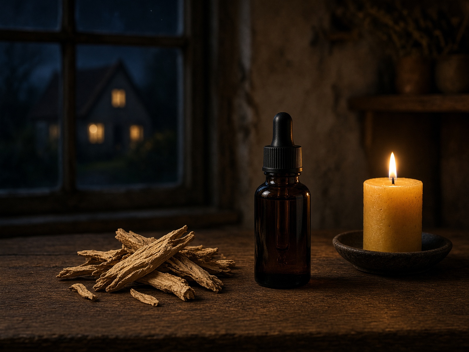 Amber dropper bottle of botanical medicine on dark wood