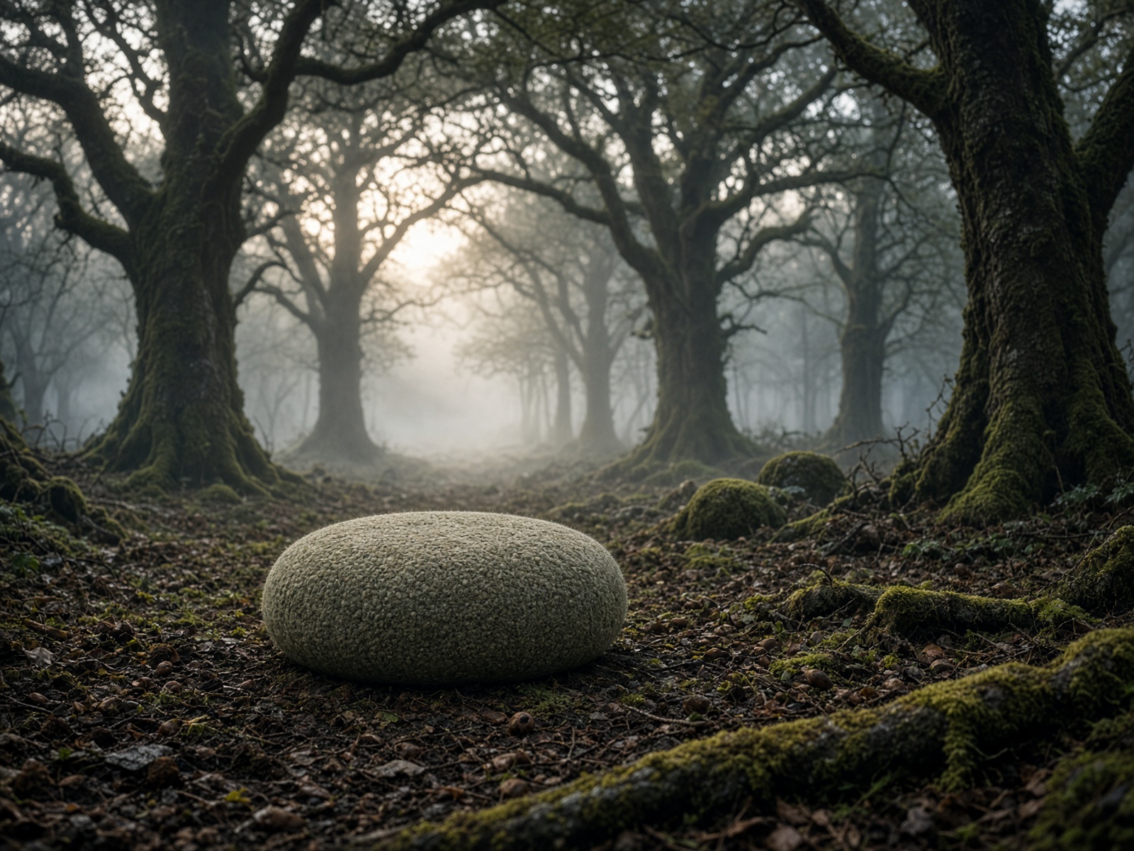A wool meditation cushion on a misty woodland floor at dawn