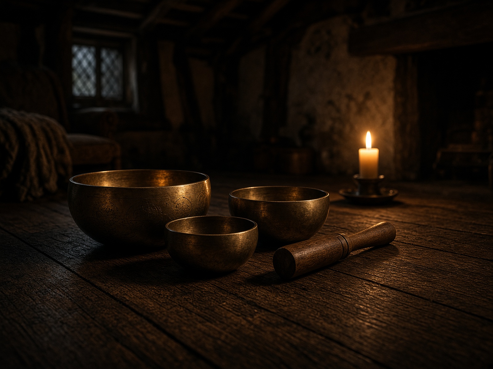 Singing bowls and a mallet on a dark wooden floor by candlelight